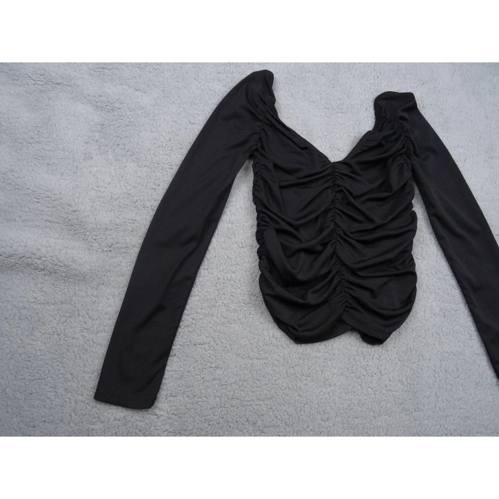 Zara Womens Top Size Small Black Ruched Front Back Long Sleeve Double V-Neck NWT